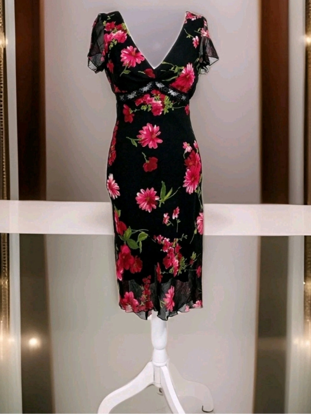 Windsor Y2K Black Pink Floral Print Dress Split Short Sleeve Midi Sz 7